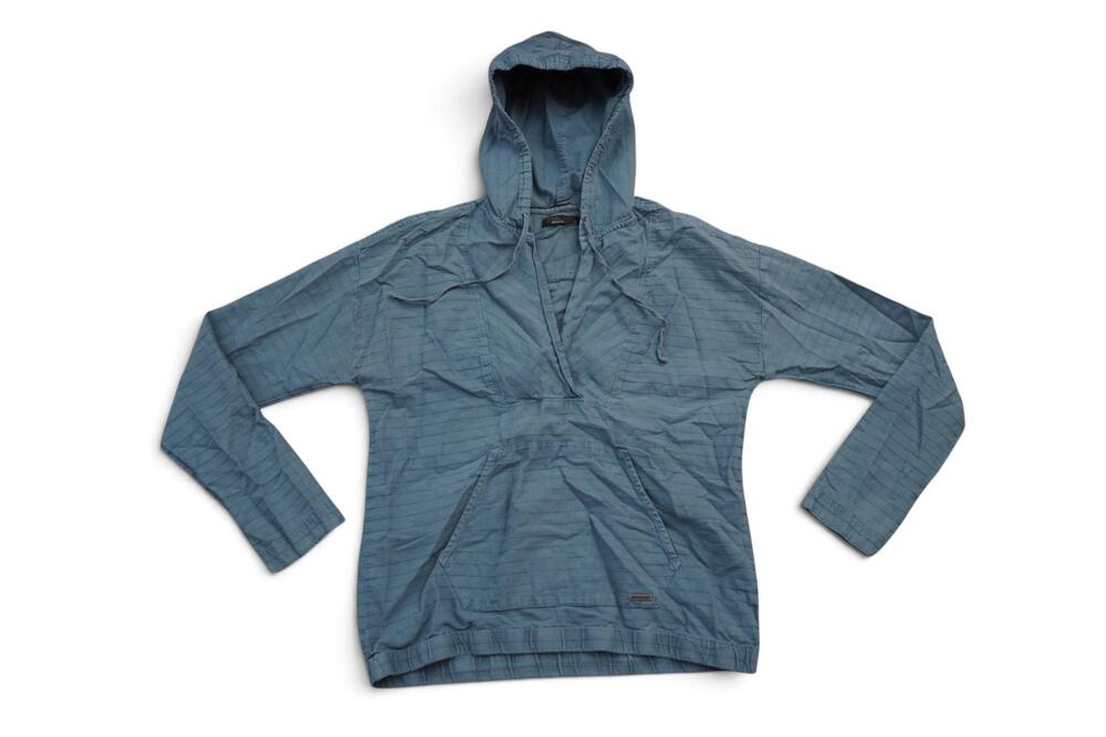Prana Hoodie Womens Small Blue Chambray V-Neck Pullover Kangaroo Pocket